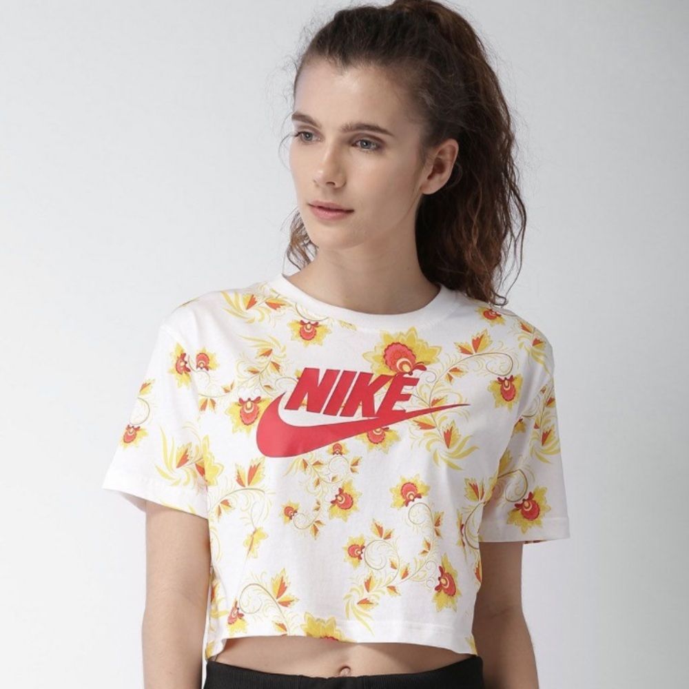 Nike Women's White, Red And Yellow Floral Crop Top